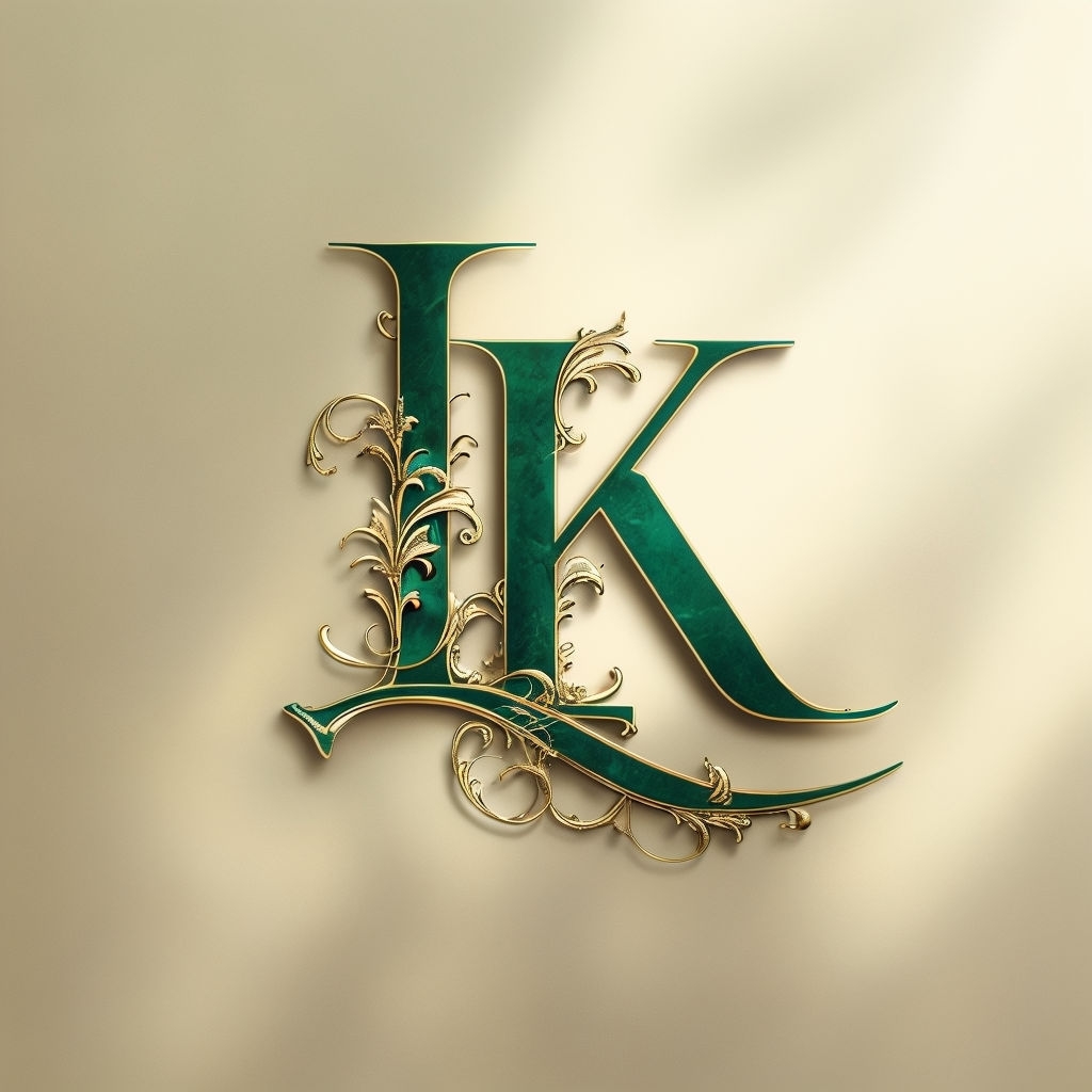 Elegant Emerald Green LK Monogram with Gold Filigree Art