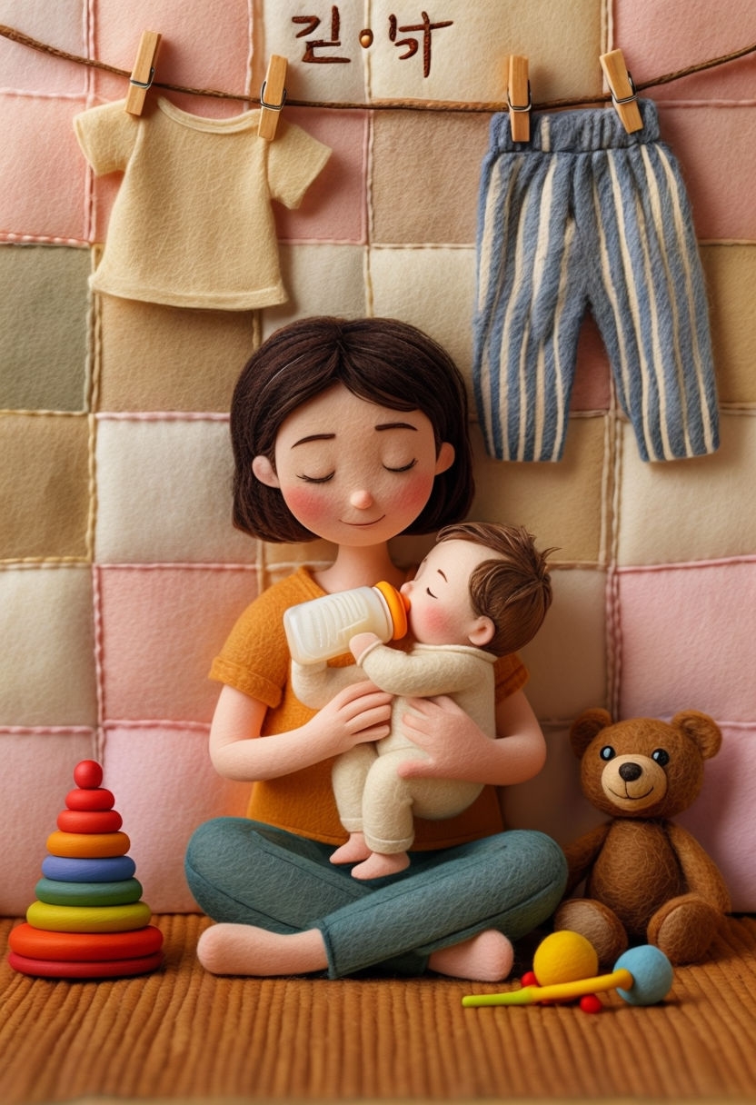 Serene Mother and Baby Felt Craft Illustration in Nursery Art