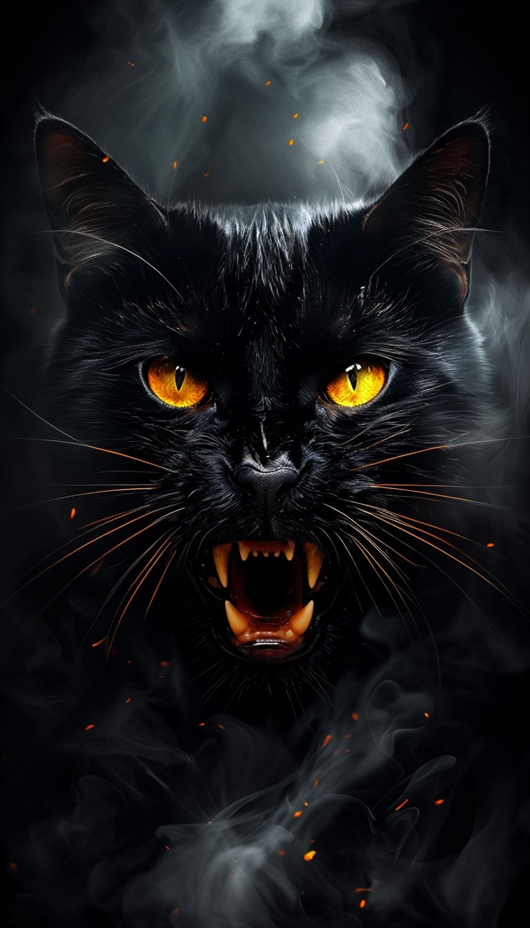 Intense Black Cat Face with Amber Eyes Digital Art Mobile Wallpaper