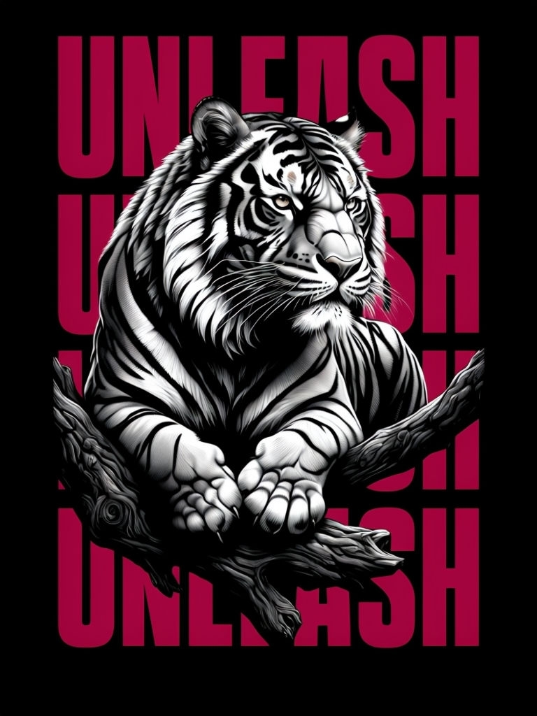 Fierce Black and White Tiger with Bold Unleash Text Poster