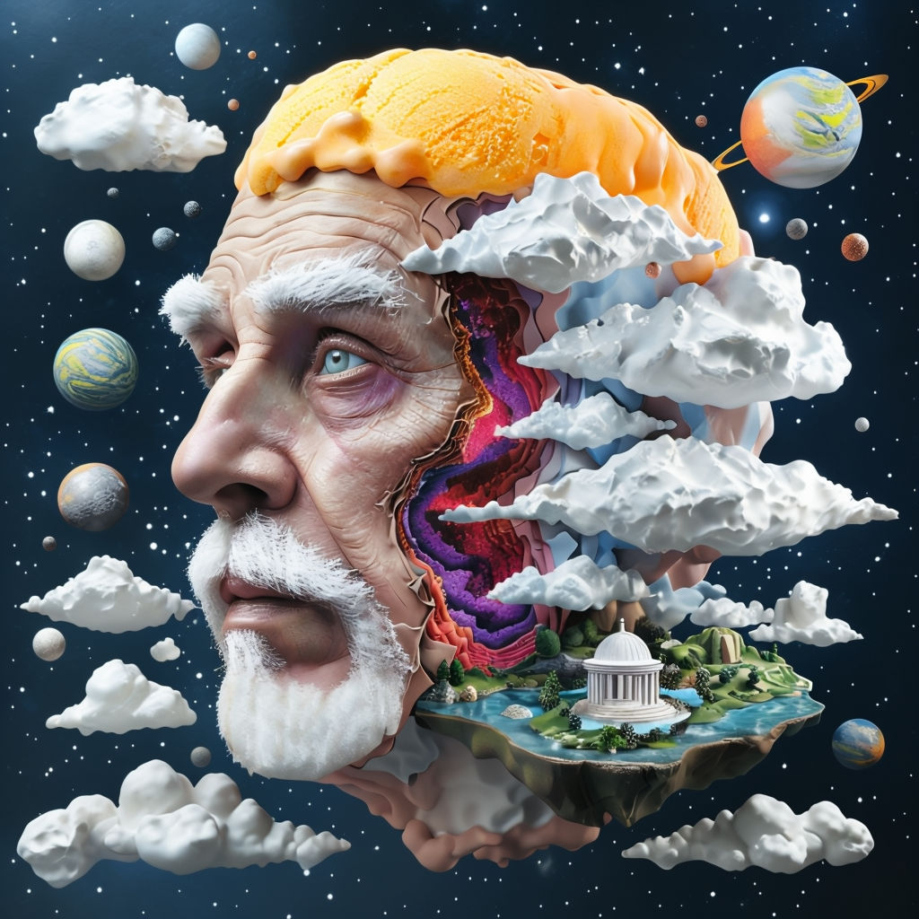 Surreal Elderly Man Face in Cosmic Landscape Art