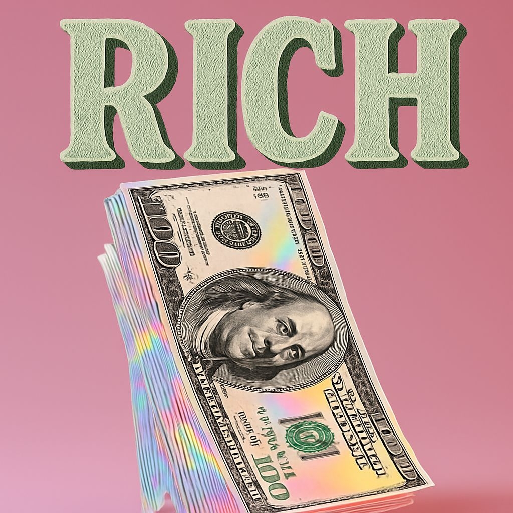 Bold Rich Text with Stacked Money Design on Pink Background Spotify Album Cover
