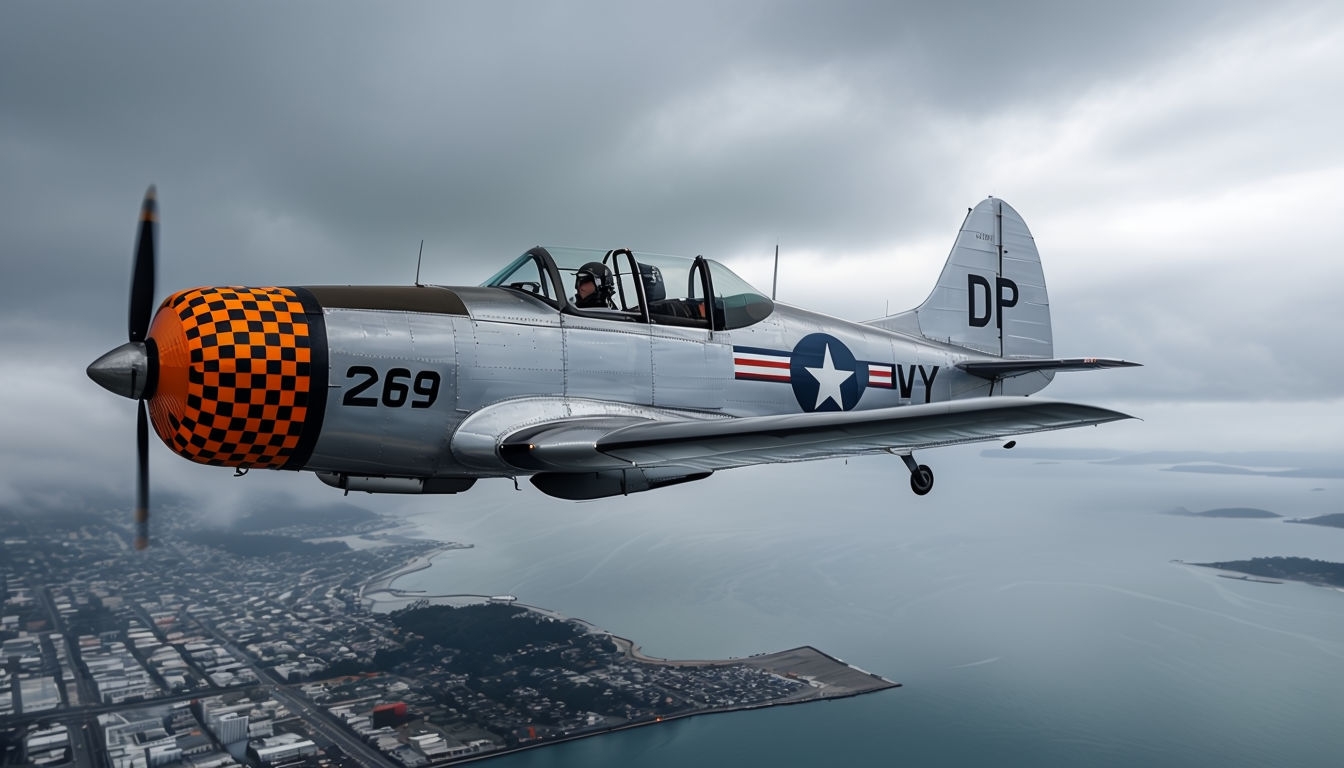 Vintage Propeller Airplane Flying Over Urban Coastline Background