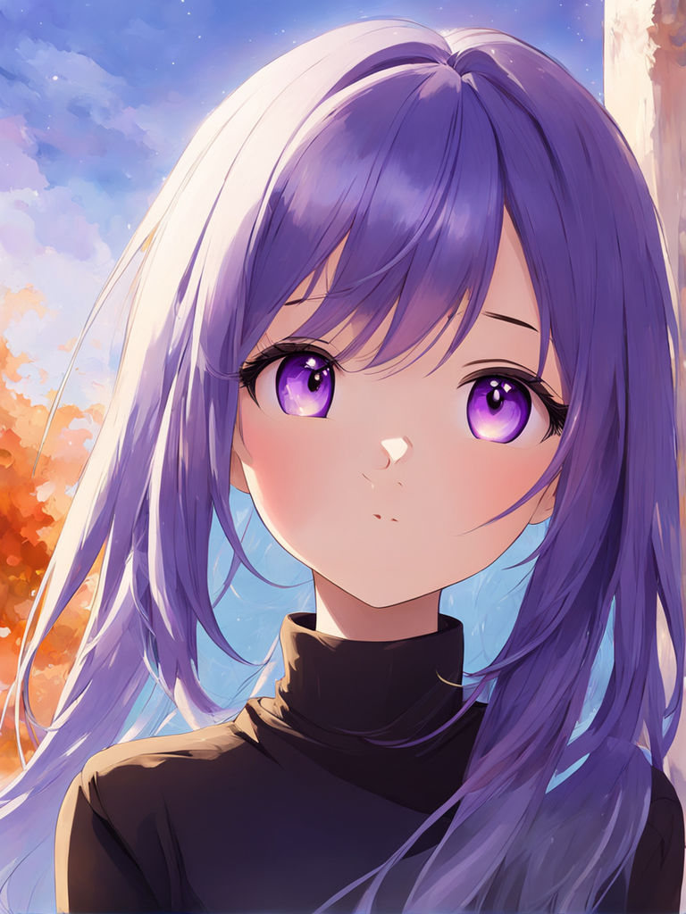 female character anime girl cute face body long hair blue eyes purple  background