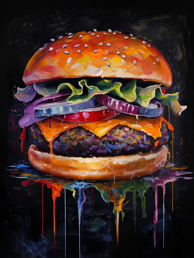 Vibrant Impressionistic Hamburger Painting on Black Background Art