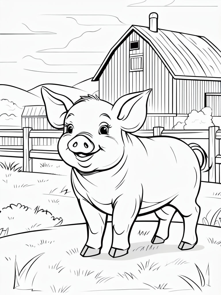 Cheerful Pig in Grassy Field Outline Illustration for Coloring Book Pages