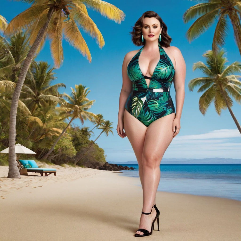 Two fat women one in a one-piece blue swimsuit with shorts and with  high-waist shorts and a swim bra at the pool