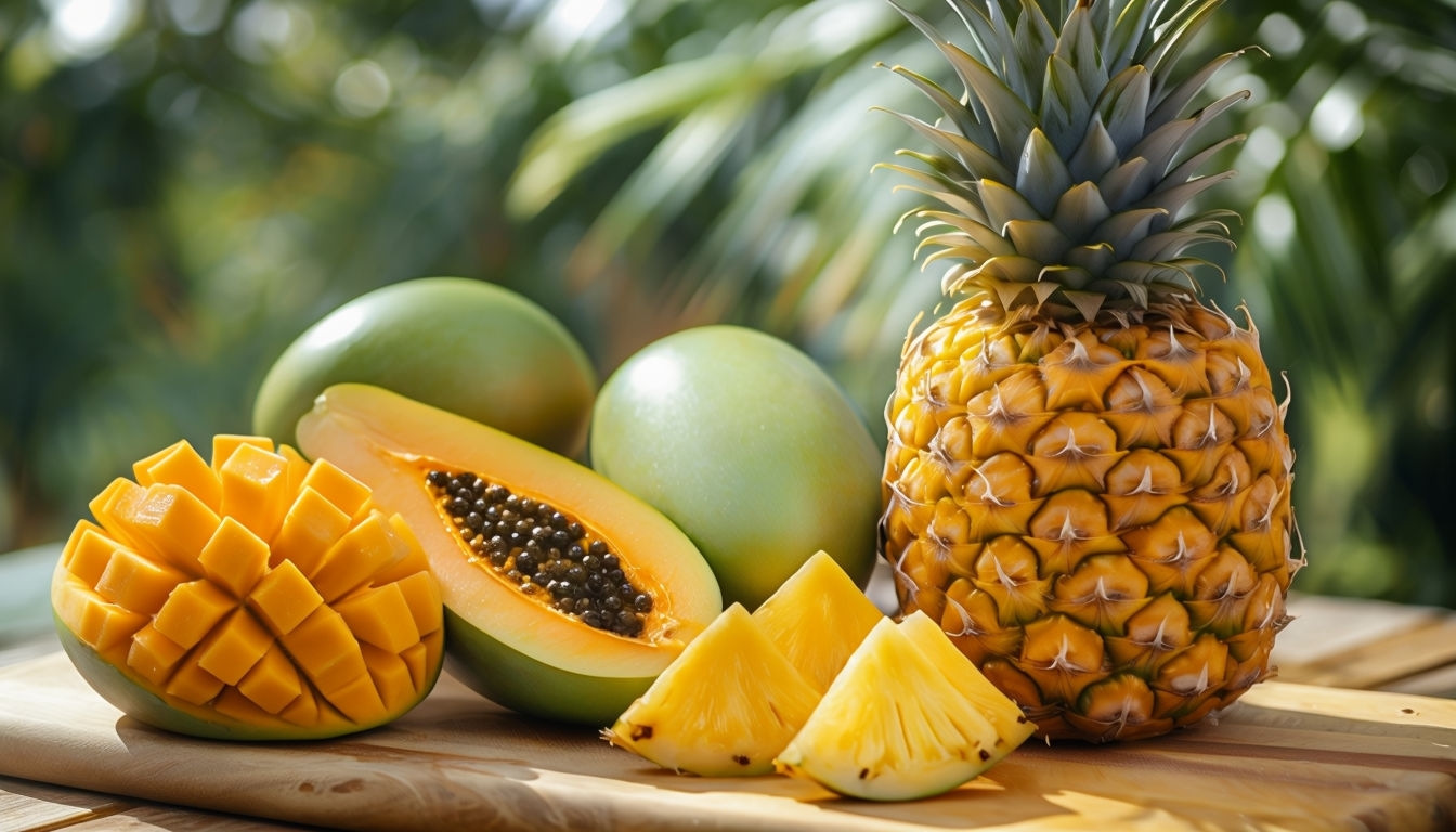 Tropical Fruits Close-Up on Wooden Cutting Board Background Virtual Backgrounds