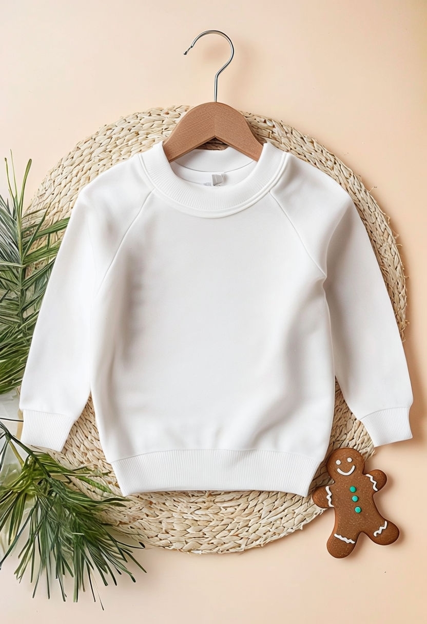 White Baby Sweater Flat Lay with Gingerbread Man and Leaves Mockup