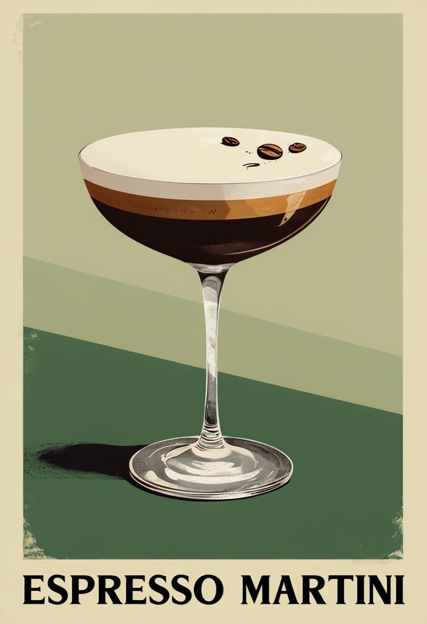 Minimalist Espresso Martini Illustration with Vintage Aesthetic Poster