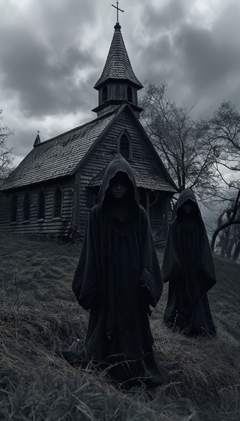 Eerie Hooded Figures in Front of Gloomy Church Mobile Wallpaper