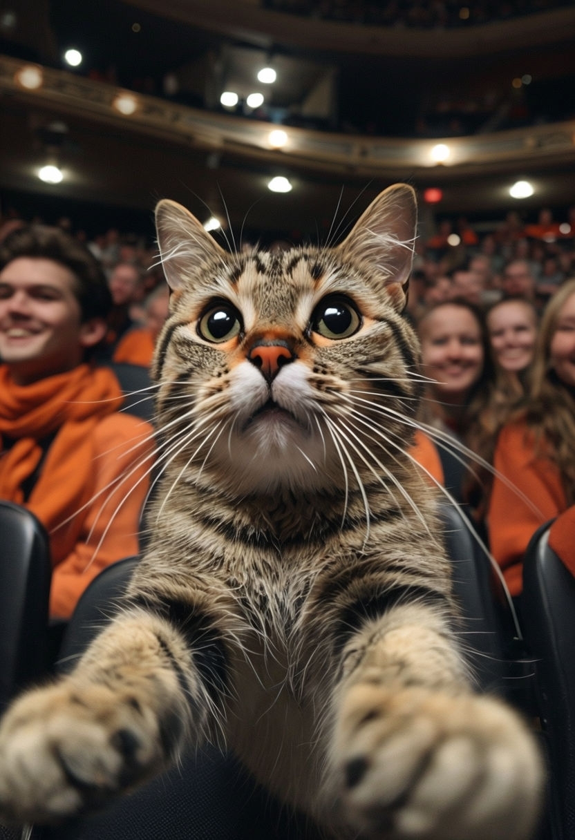 Curious Tabby Cat Close-Up with Cheerful Audience Background Photo