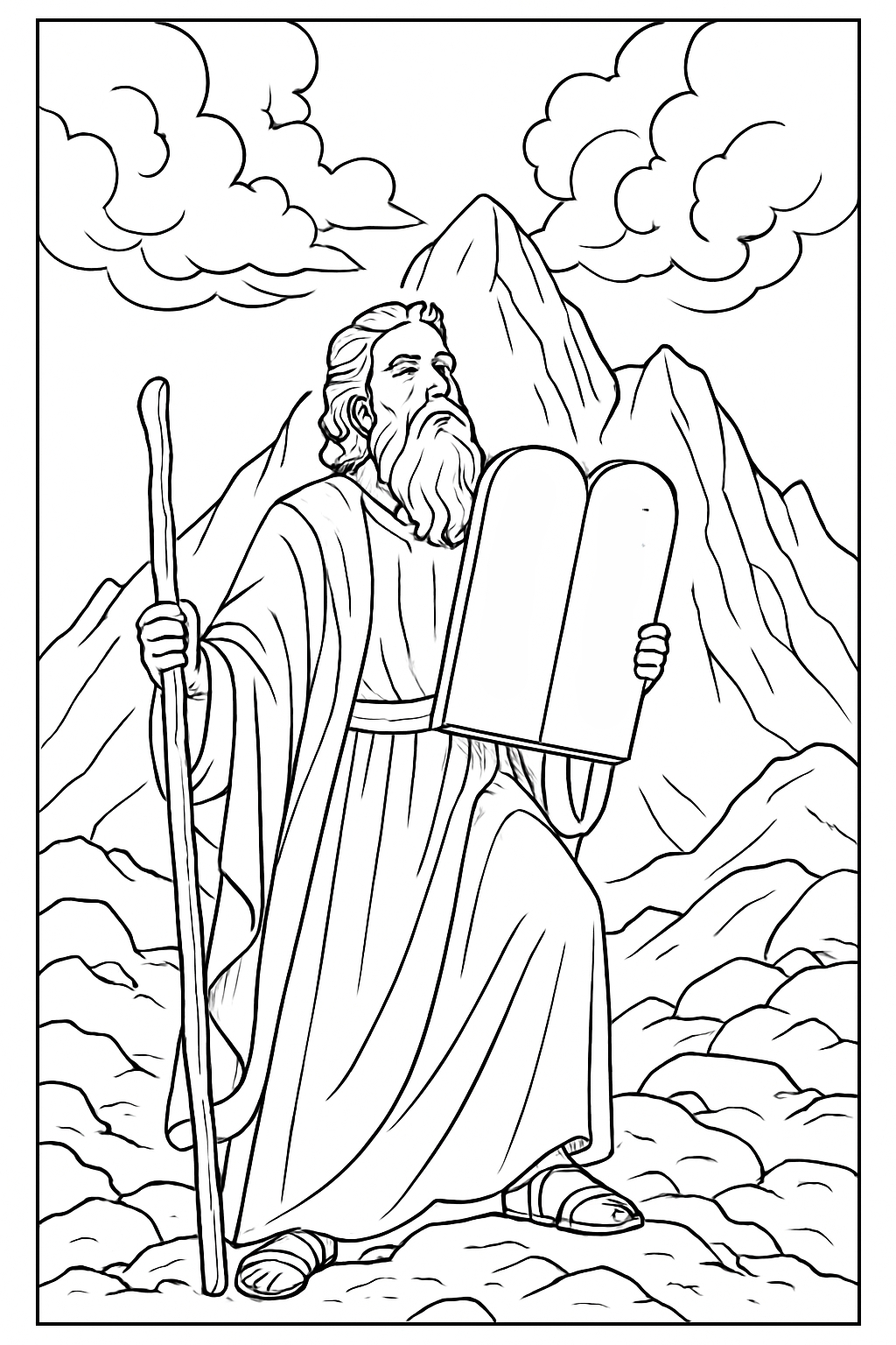 Moses Standing in Majestic Mountain Landscape Line Drawing Coloring Book Pages
