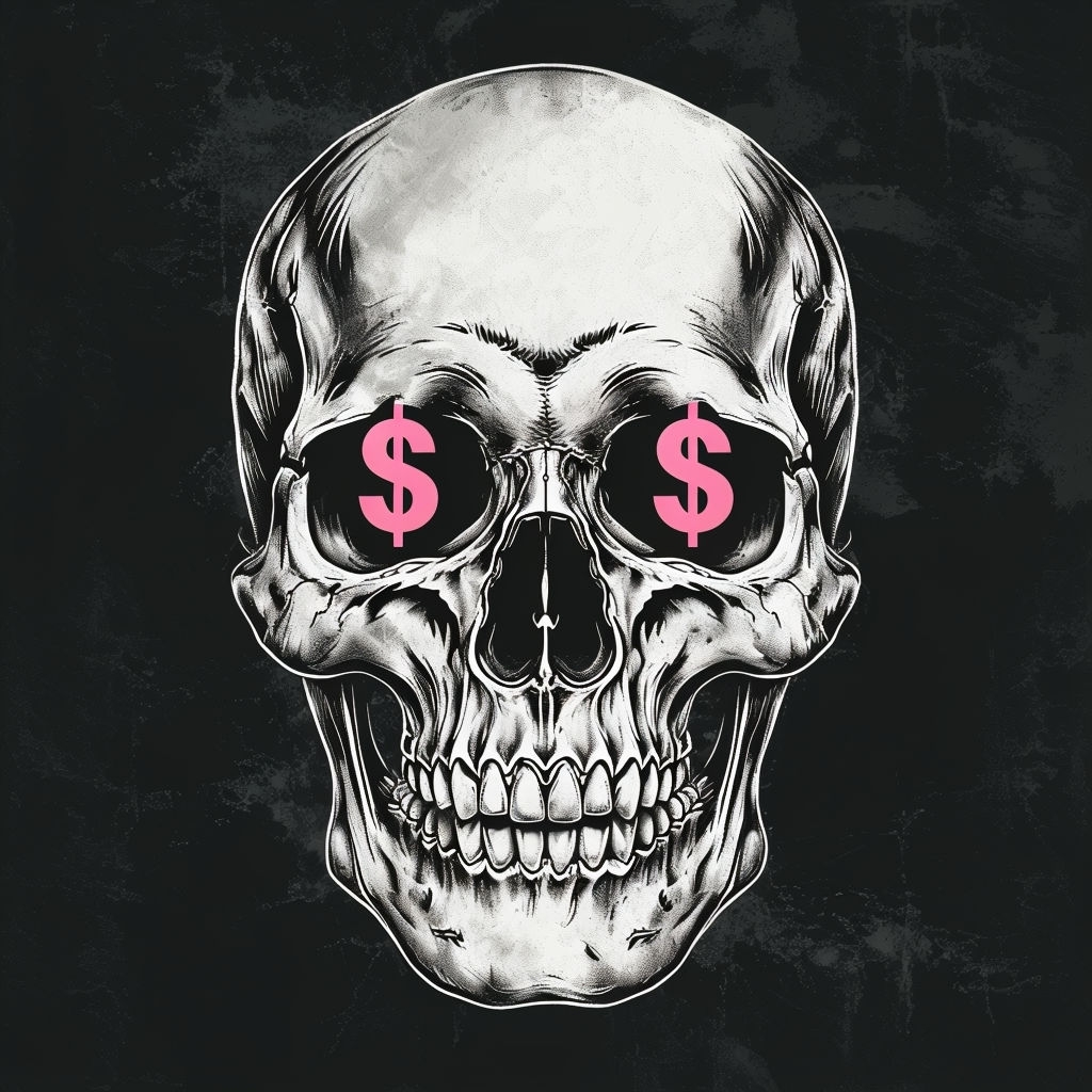Surreal Skull Illustration with Pink Dollar Signs T-Shirt
