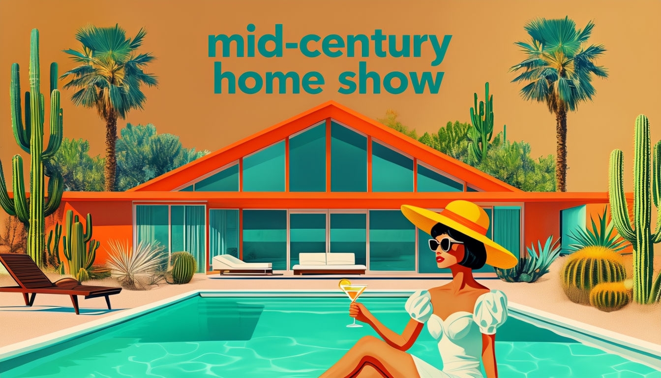 Vivid Mid-Century Home Show Scene with Relaxing Woman Social Media Post