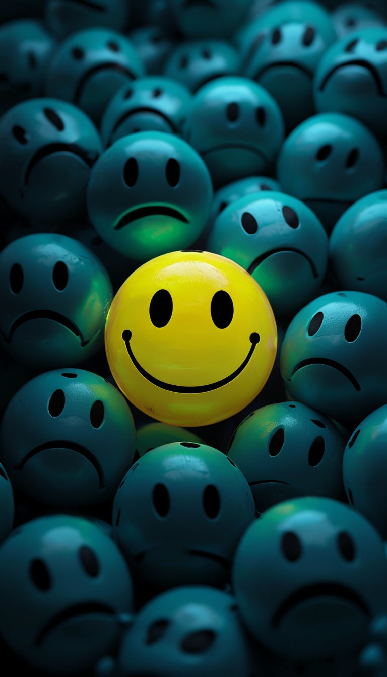 Bright Yellow Smiley Face Surrounded by Sad Teal Frowns Poster