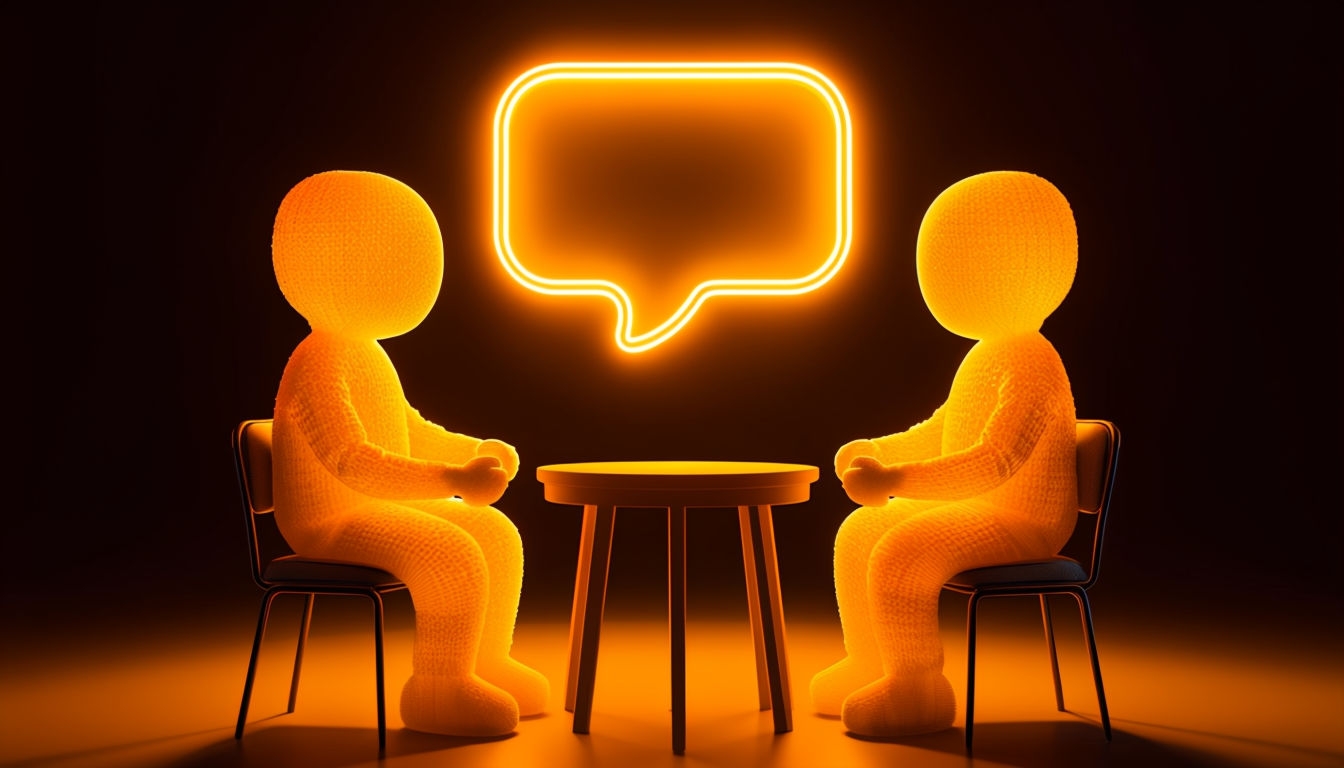 Neon Amber Orange Figures in Conversation at Round Table Poster