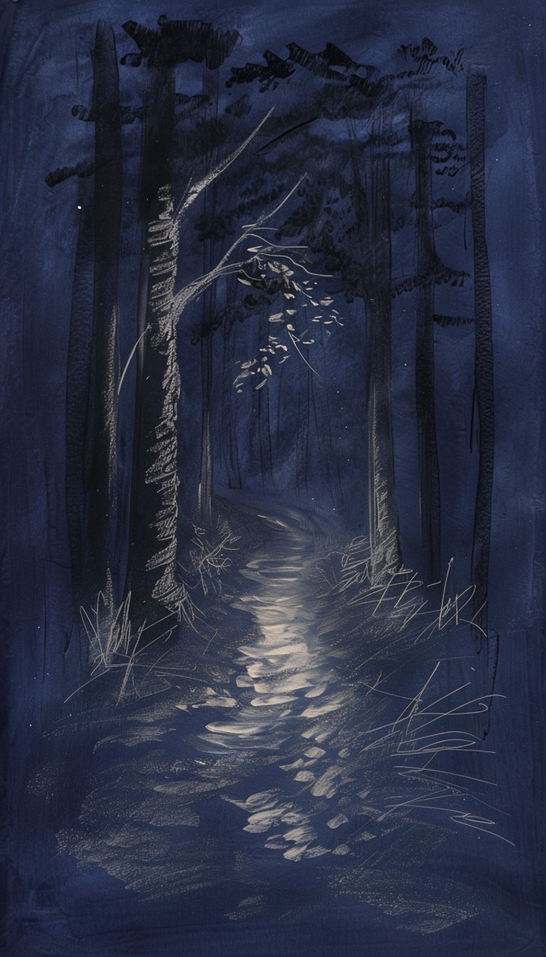 Moonlit Forest Path Illustration in Chalk and Pastel Art