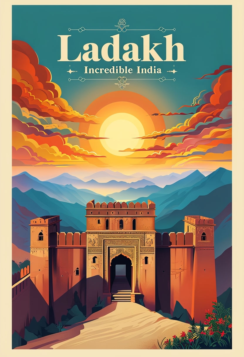 Majestic Ladakh Travel Illustration with Ancient Fortress Poster