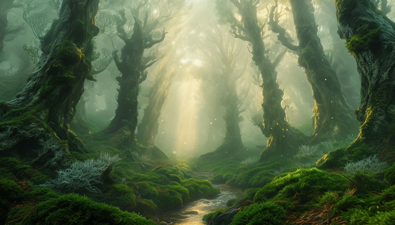 Enchanted Misty Forest Clearing at Dawn Digital Art Background