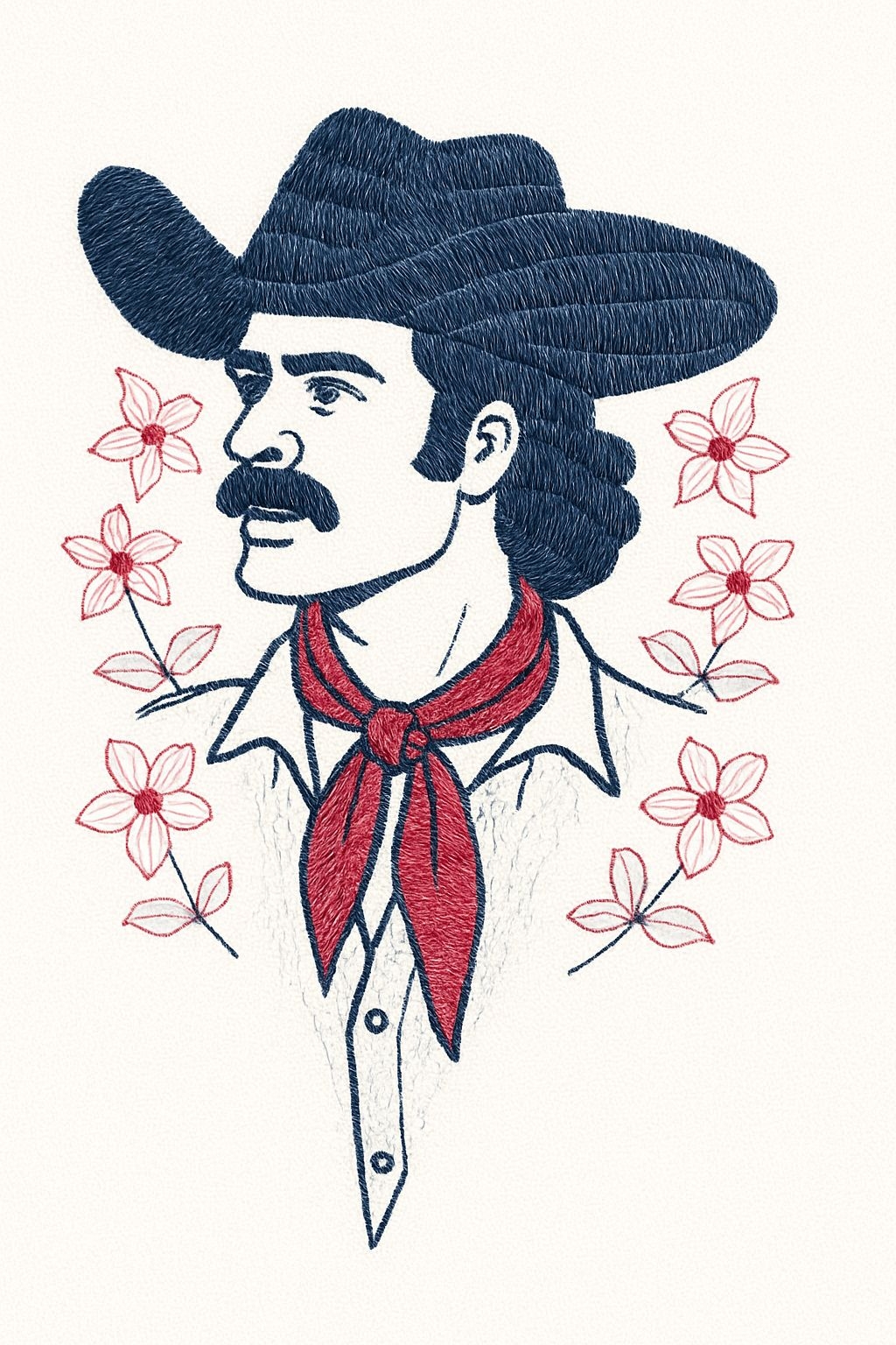 Vintage Cowboy Embroidery Illustration on Off-White Canvas Poster