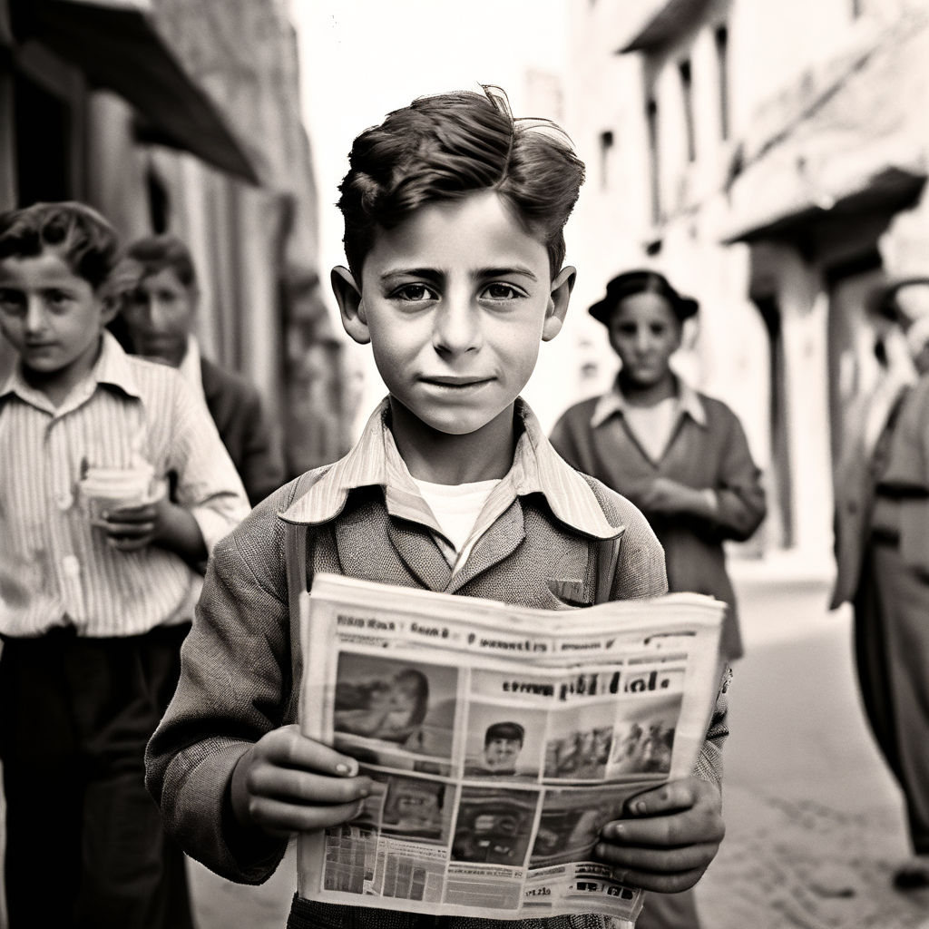 An 8-year-old boy sells newspapers in Israel in 1954 to earn... by אגם ...