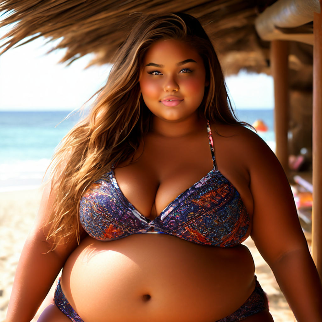 Beautiful chubby woman with a pot belly wearing a bikini