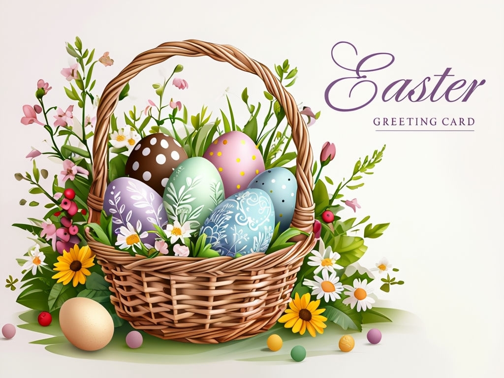 Vibrant Easter Basket Greeting Card with Colorful Eggs and Flowers