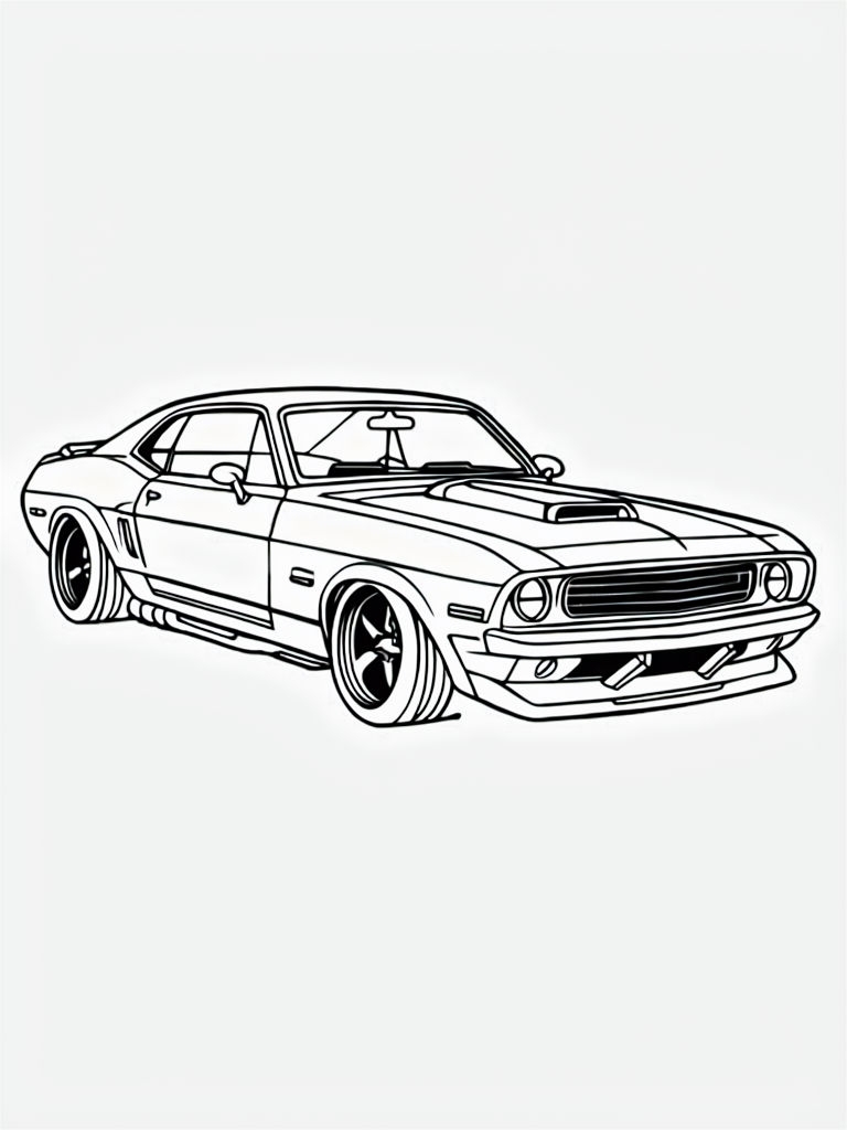 Classic Muscle Car High-Contrast Line Drawing Coloring Page