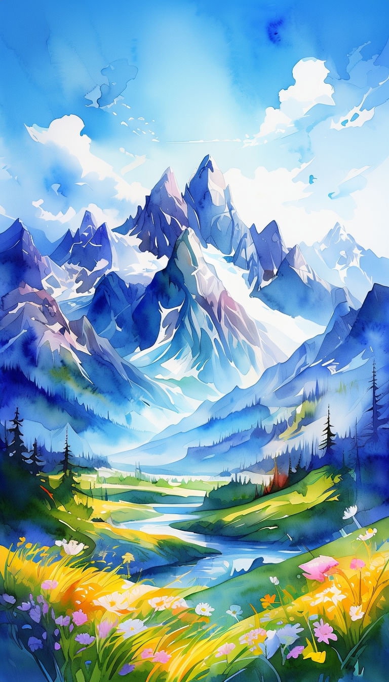 Majestic Mountain Range Watercolor Landscape Art