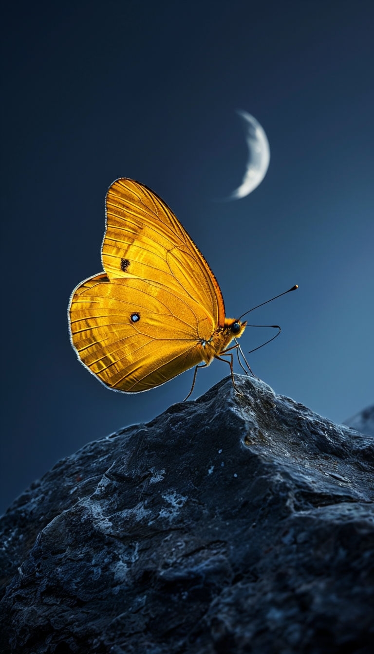 Golden Yellow Butterfly on Dark Rock with Crescent Moon Mobile Wallpaper
