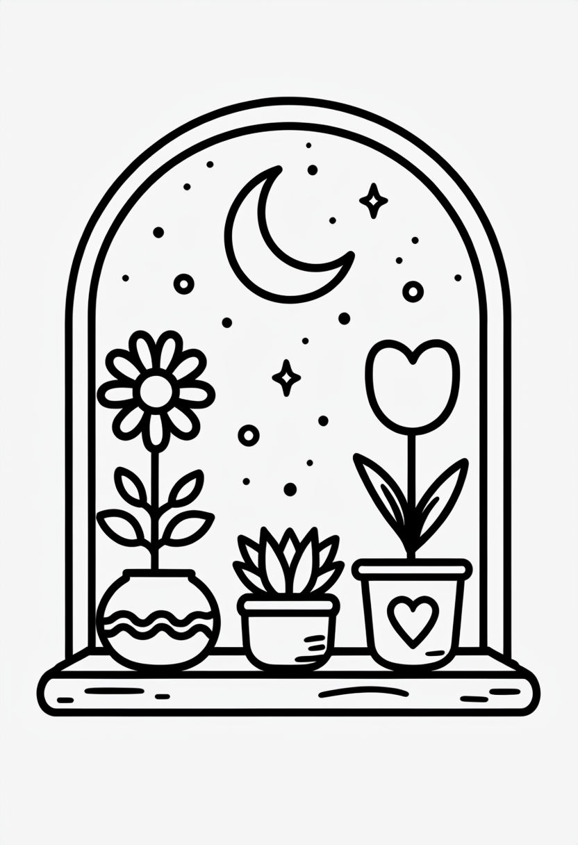 Serene Minimalist Nighttime Plant Scene Coloring Book Page
