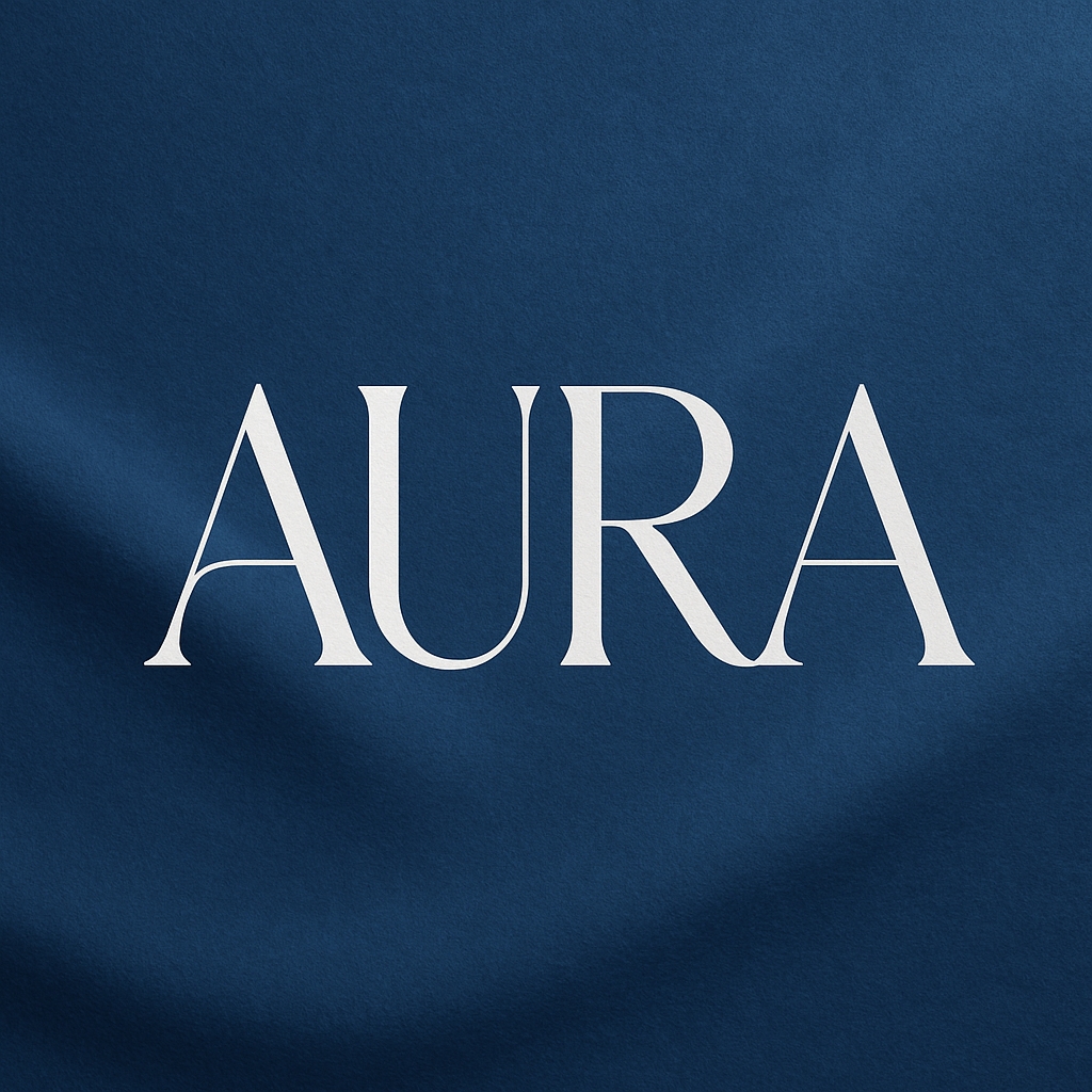 Elegant AURA Logo Design on Navy Blue Textured Background Logo
