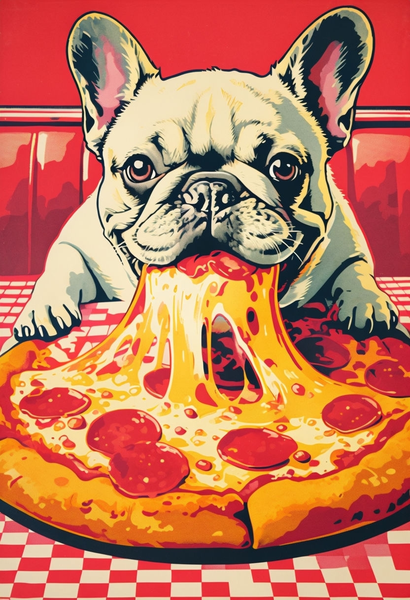 Charming French Bulldog Enjoying Pizza in Vintage Pop Art Style Art