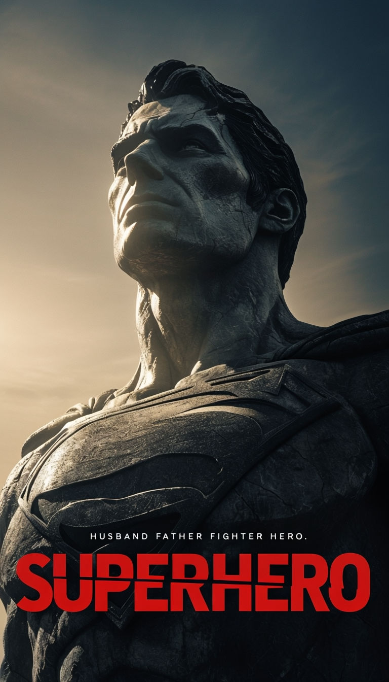 Dramatic Superman Statue Tribute with Heroic Typography Poster