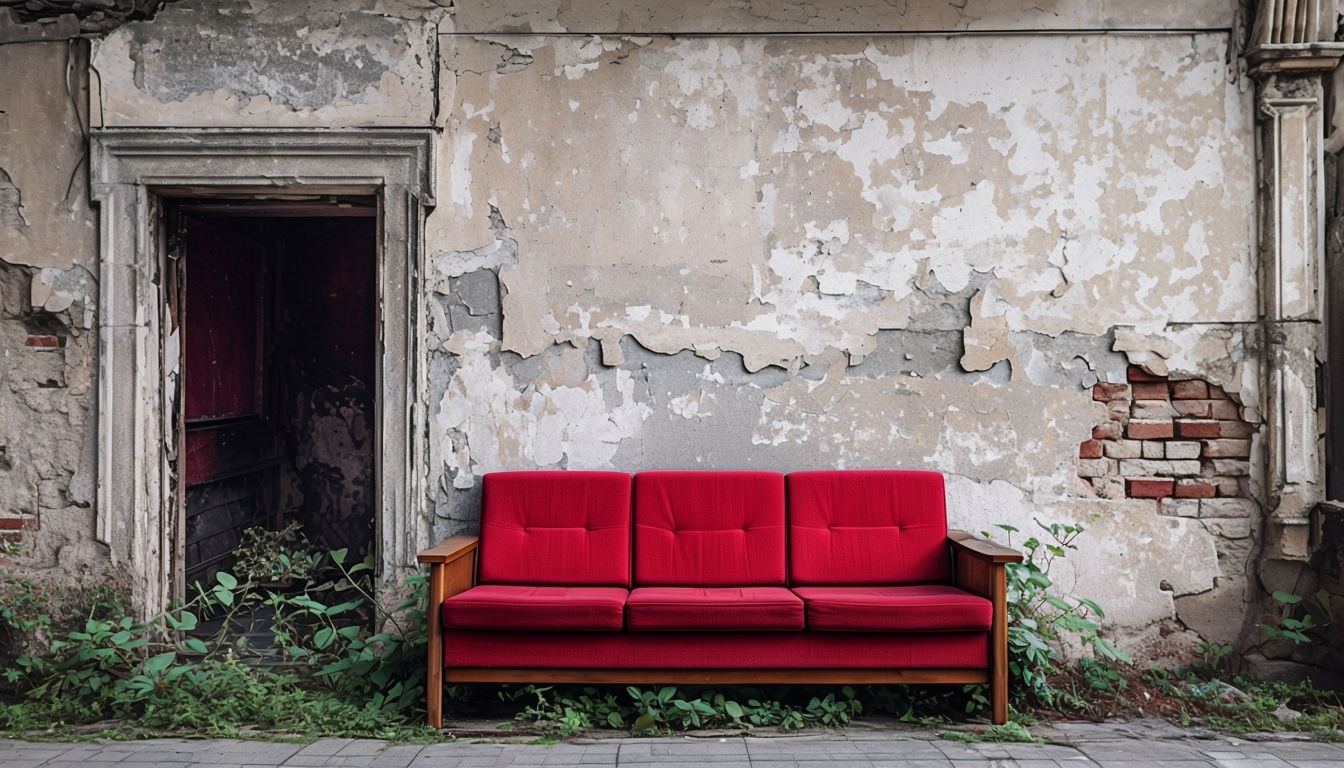 Eerie Red Sofa Against Decaying Urban Wall Virtual Background