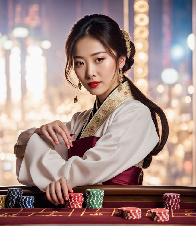 Prompt: 20-something woman clad in traditional Korean hanbok, poised at a lavish casino table, roulette wheel spinning, chips stacked neatly before her, rich mahogany and glossy golden trimmings reflecting the ambient casino lighting, soft focus on bustling gambling atmosphere in the background, elegant and timeless, ultra fine details, cinematic quality