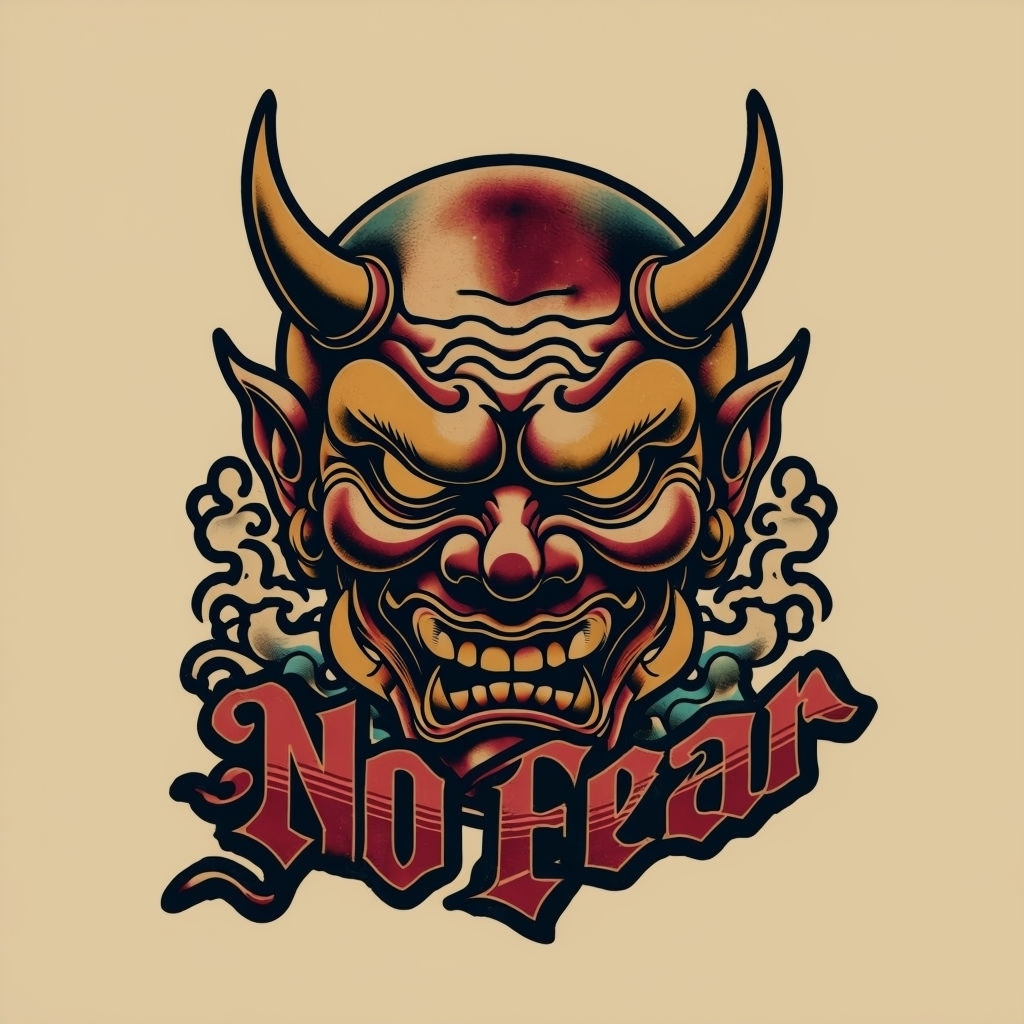 Bold Japanese Oni Mask with 'No Fear' Tattoo T-Shirt