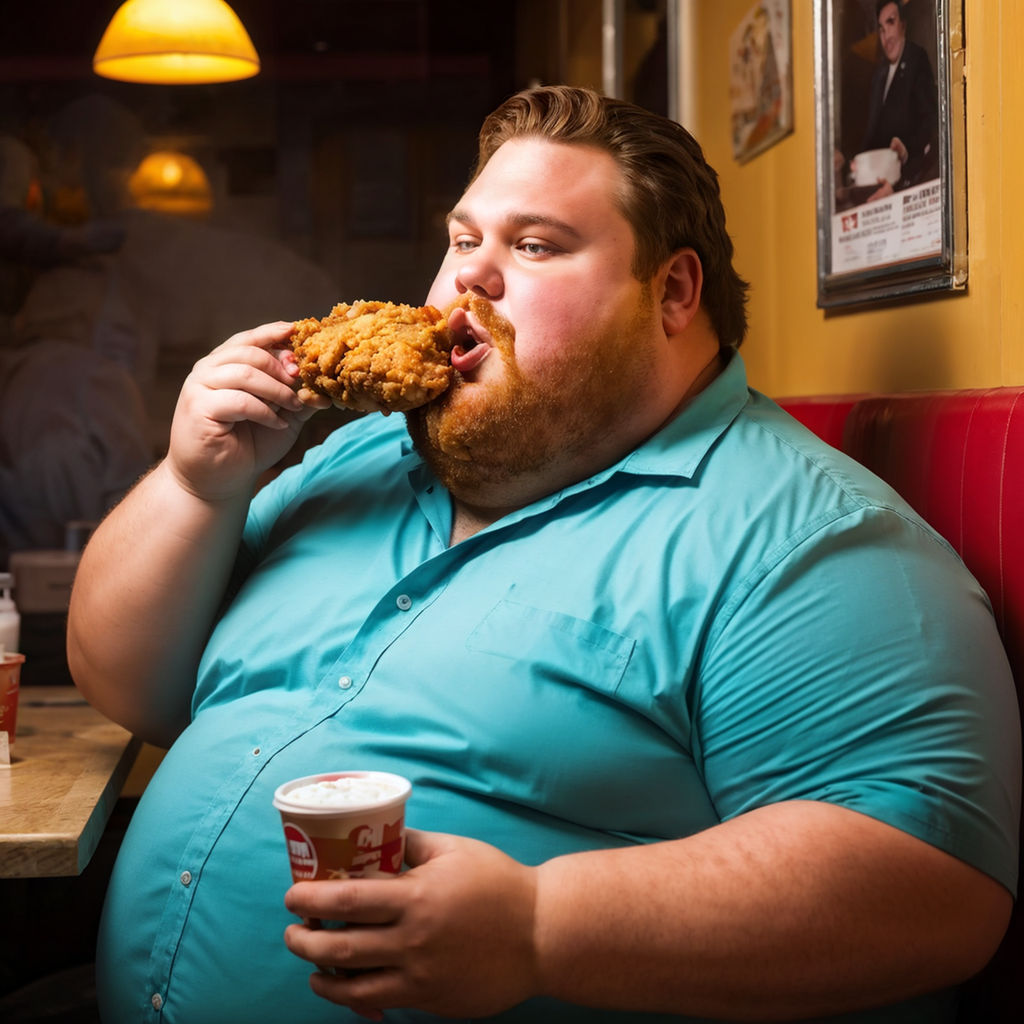 obese man eating a live chicken