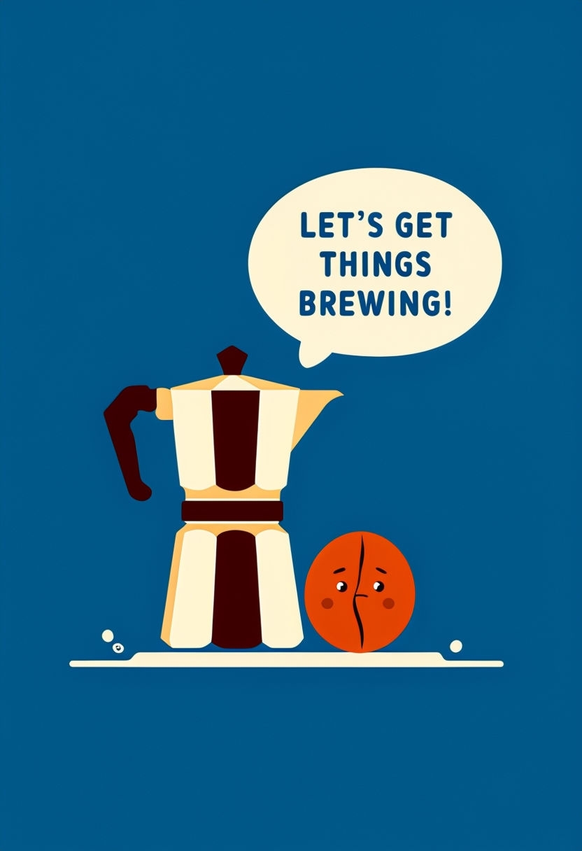 Cheerful Moka Pot and Coffee Bean Let's Get Brewing Card Design Cards & Invites