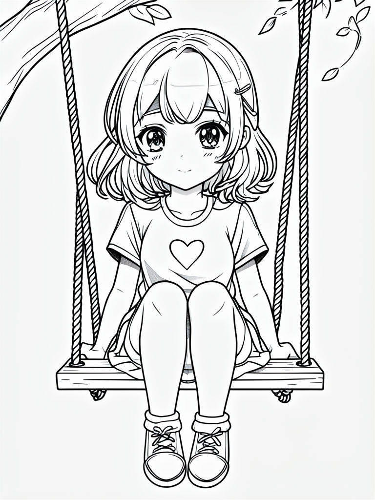 Anime Girl on Swing Line Drawing for Coloring Book Pages