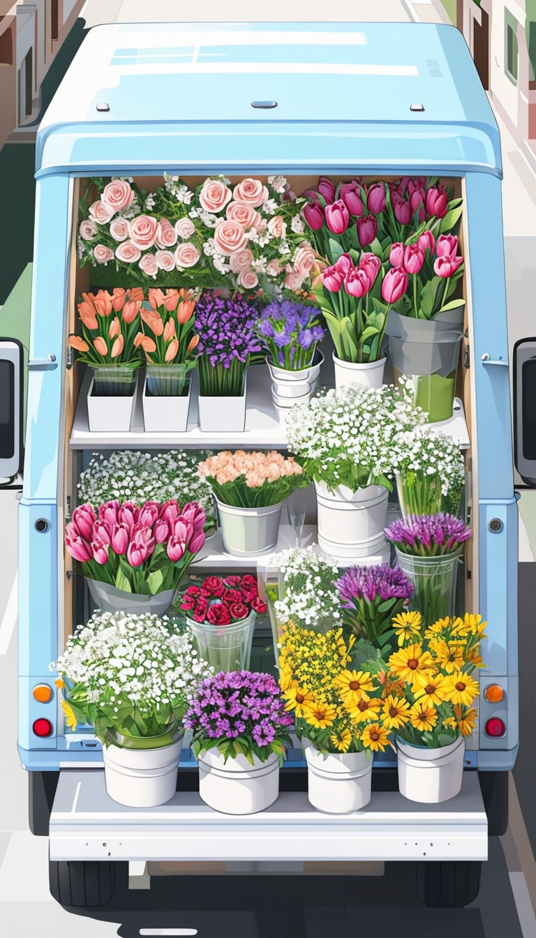 Vibrant Light Blue Flower Truck Illustration for Spring and Summer Art