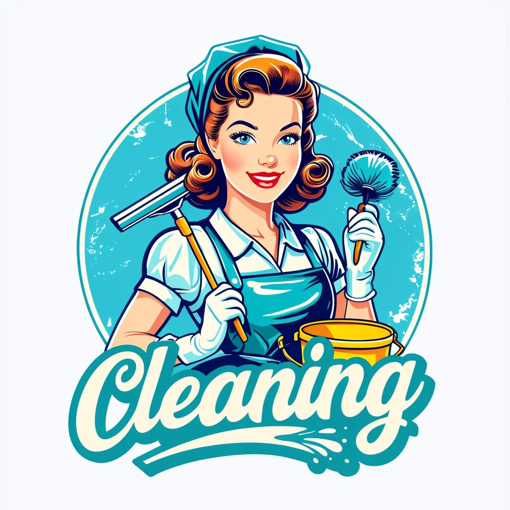 Cheerful Retro Cleaning Service Logo with Wavy Auburn Hair Woman