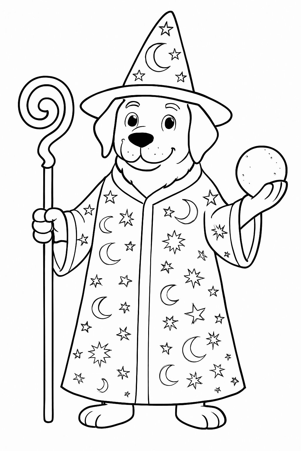 Whimsical Cartoon Dog Magician Illustration for Coloring Book Pages