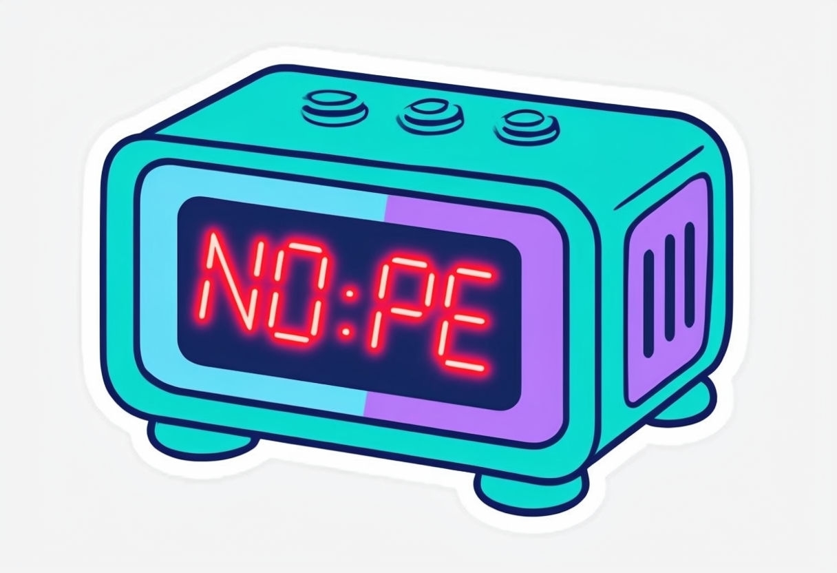 Vibrant Cartoon Alarm Clock Illustration with NO:PE Message Sticker