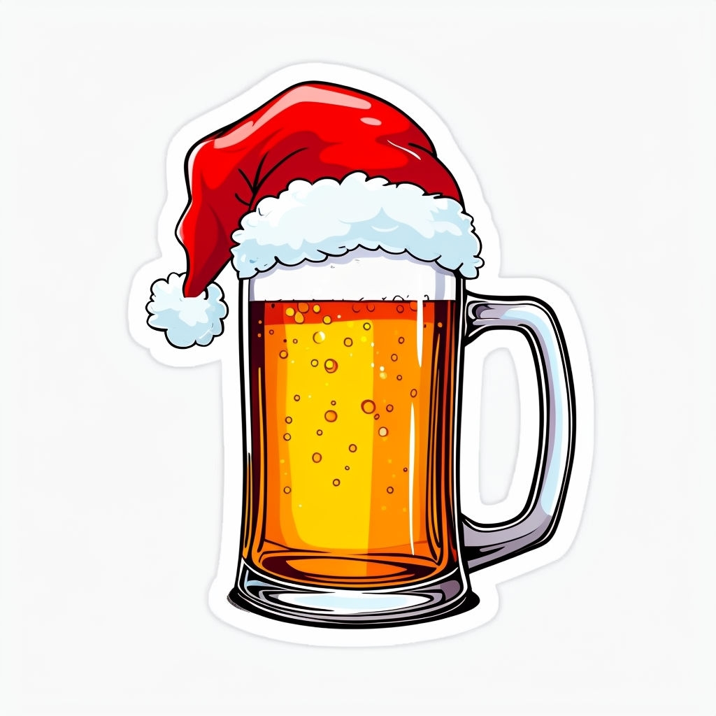 Festive Cartoon Beer Mug with Santa Hat Illustration Sticker