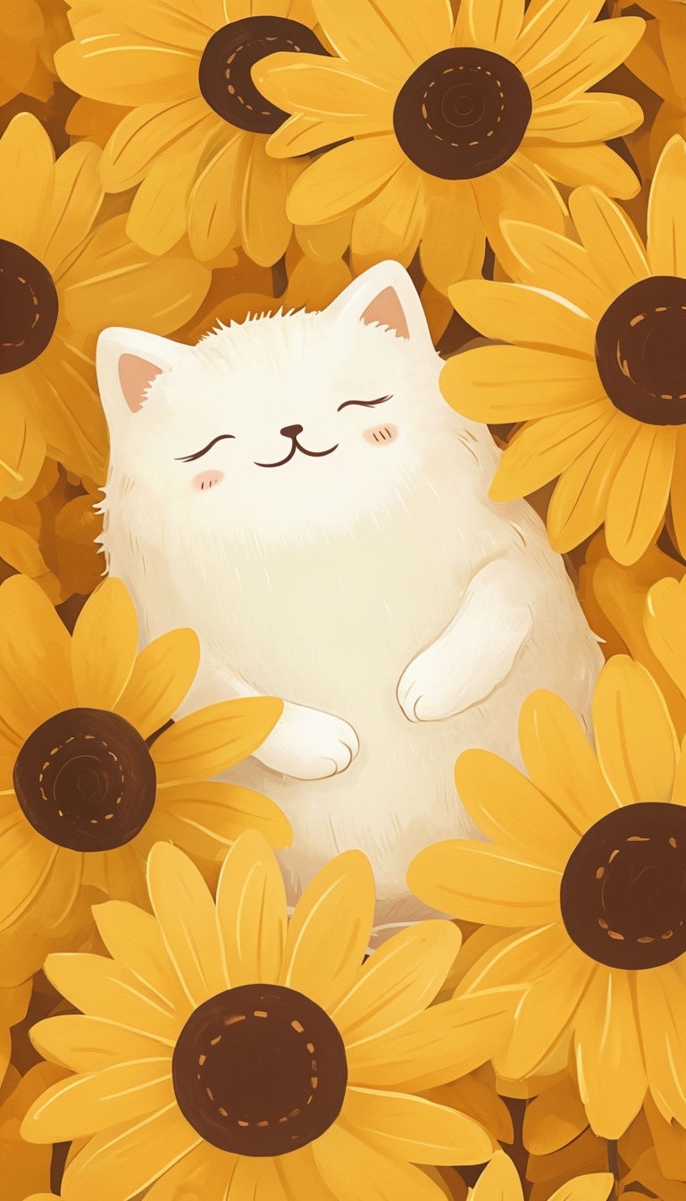 Adorable White Cat Nestled Among Bright Sunflowers Mobile Wallpaper
