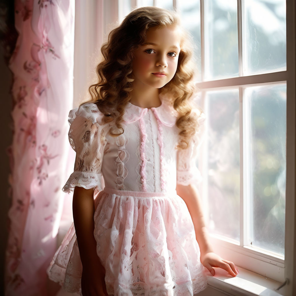 A pre-teen girl in a white lace dress with puffy sleeves and... by ...