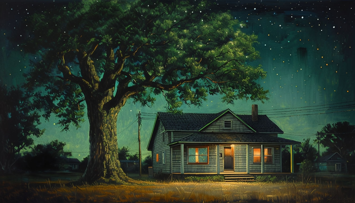 Serene Nighttime Tree Scene with House Virtual Background