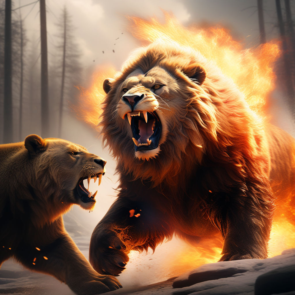 Epic Lion Bear Fight Powerful Fire by Patryk Patryk Kalkowski - Playground